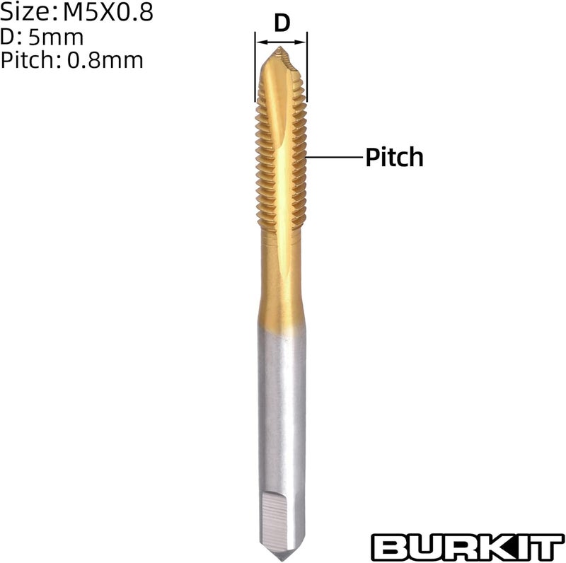 Burkit 2pcs M5 Spiral Point Tap, HSS Titanium coating M5 x 0.8 Spiral Point Plug Threading Tap - Image 2